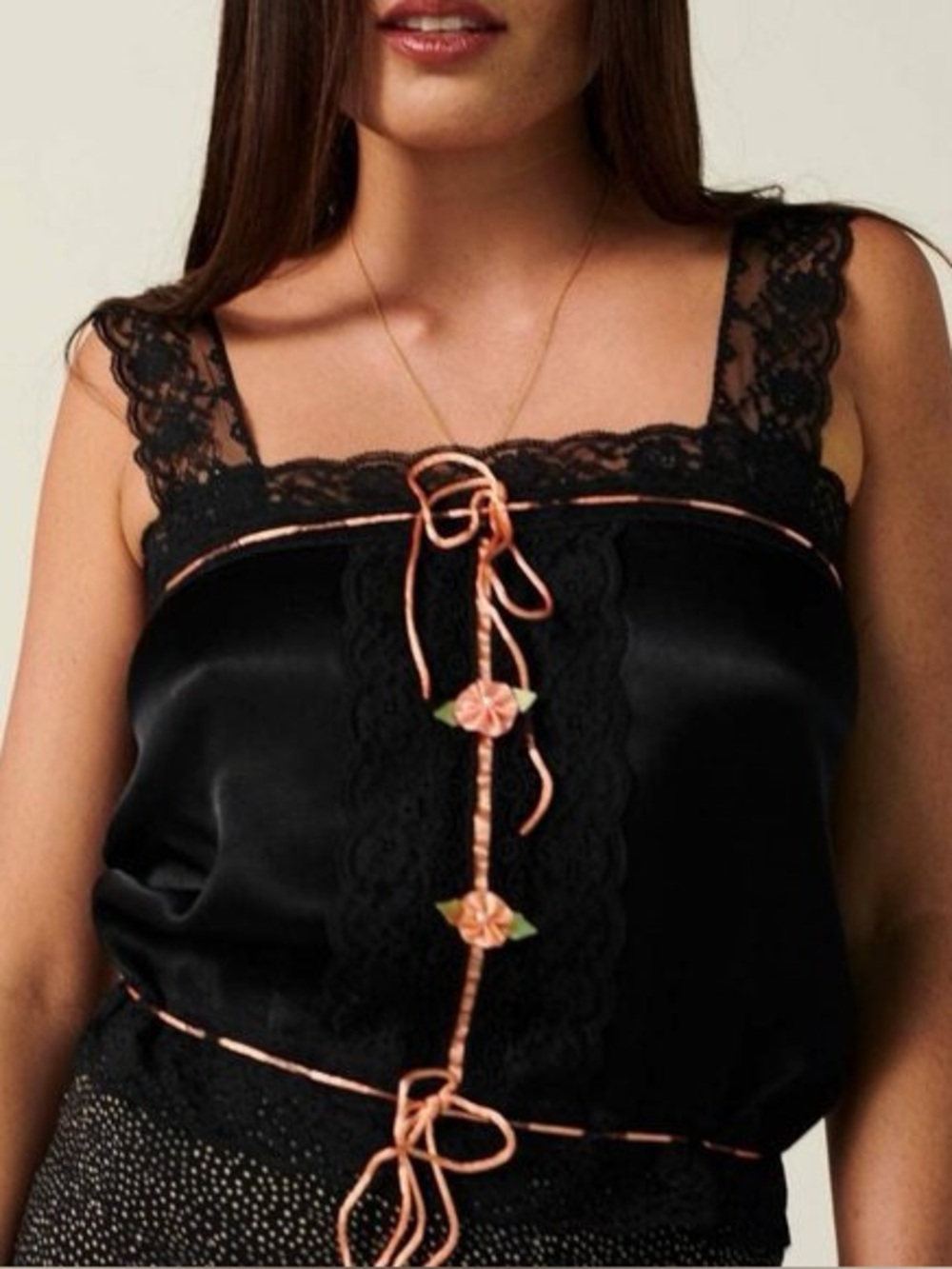 Rouje Paris Black Camisole with Peach Trim and Floral Accents
